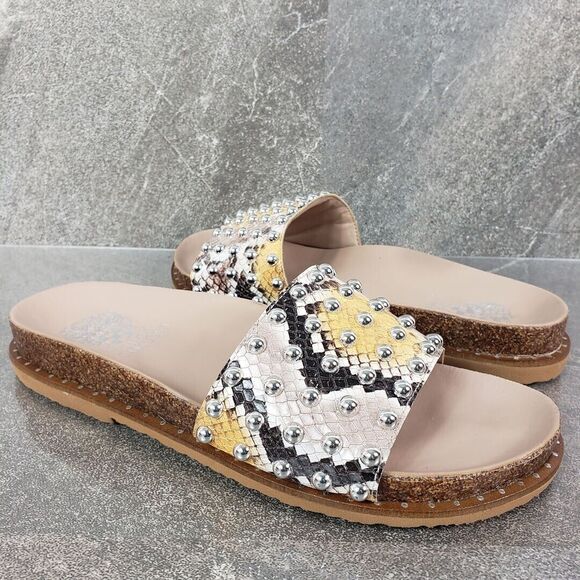 Vince Camuto Sandals Womens 8 Kortlen Studded Slide Taupe Animal Print Shoes - Picture 1 of 10